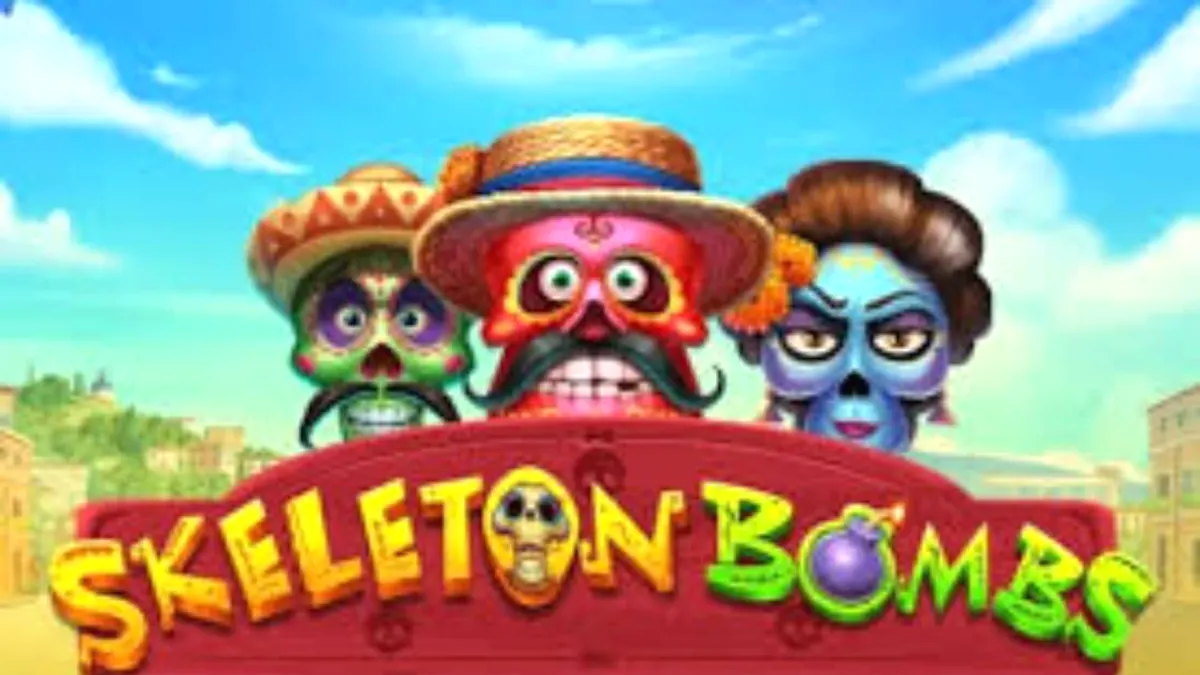 Cena vibrante do jogo de slot Skeleton Bombs com caveiras mexicanas e elementos festivos