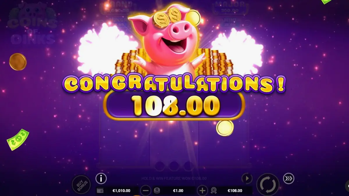 Interface do jogo de slot Coins of Oinks em um dispositivo móvel