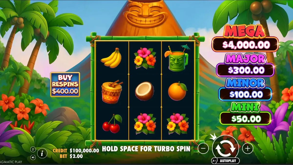 Grade 3x3 do jogo de slot Super Tiki Strike com tema tropical